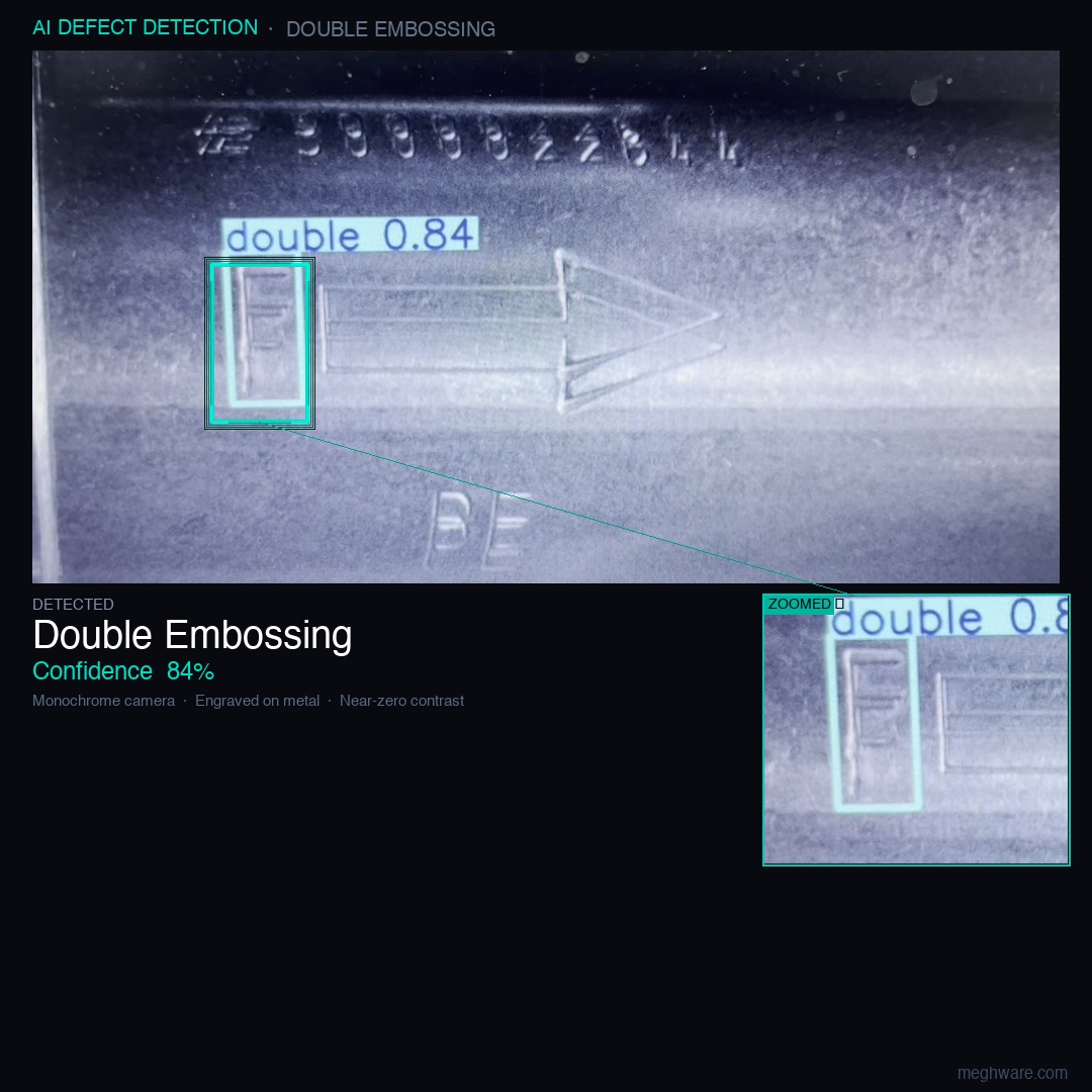 AI-detected double embossing defect on a metallic cylinder — bounding box with 84% confidence